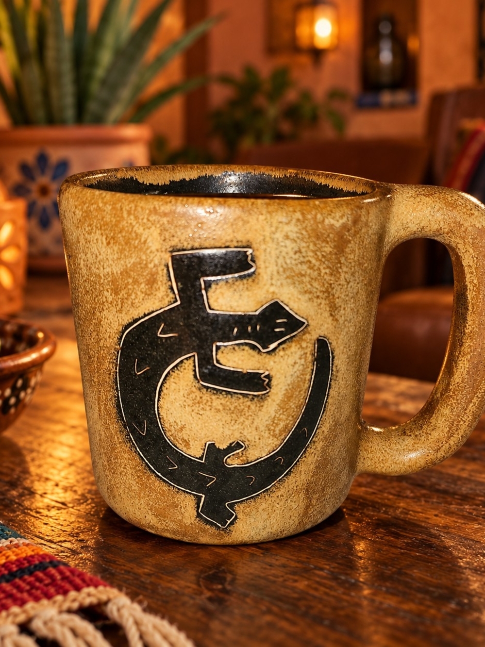Vintage Mara Mexico Handmad Art Pottery Mug Mexico Signed Design Lizard Gecko